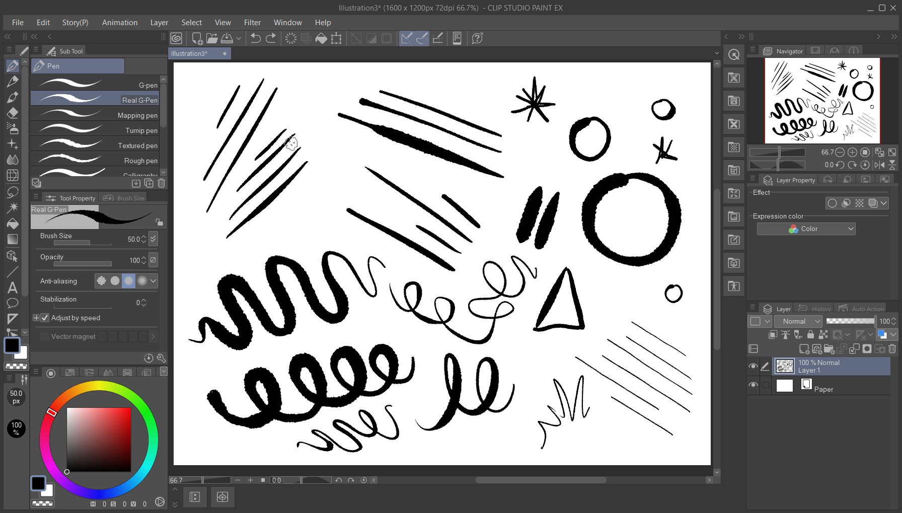Testing lines, circles, wavy lines and shapes in CSP 4.0.0 with the Real G-Pen brush